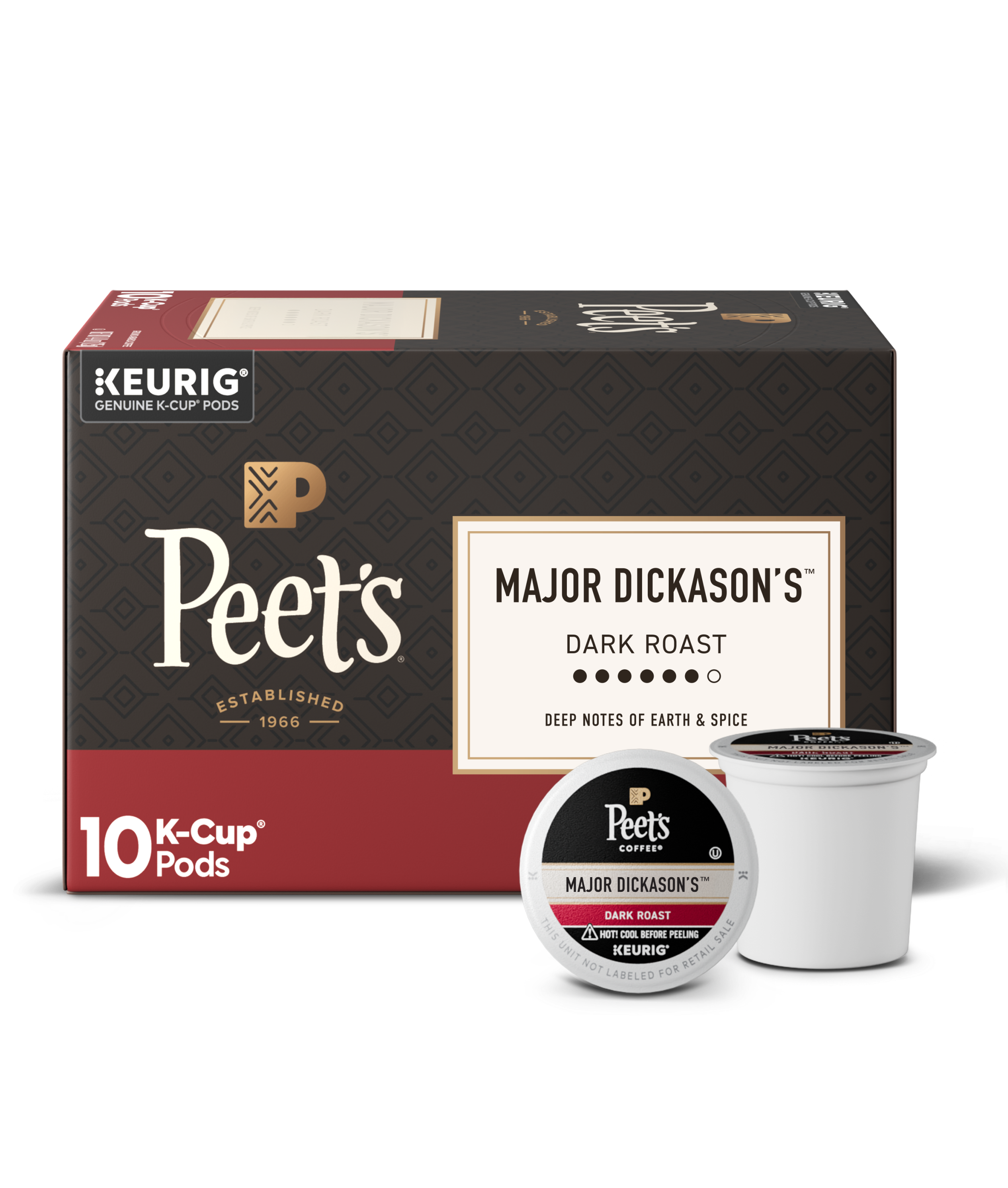 Peet's Coffee French Roast K-Cup pods packaging with a single pod displayed.