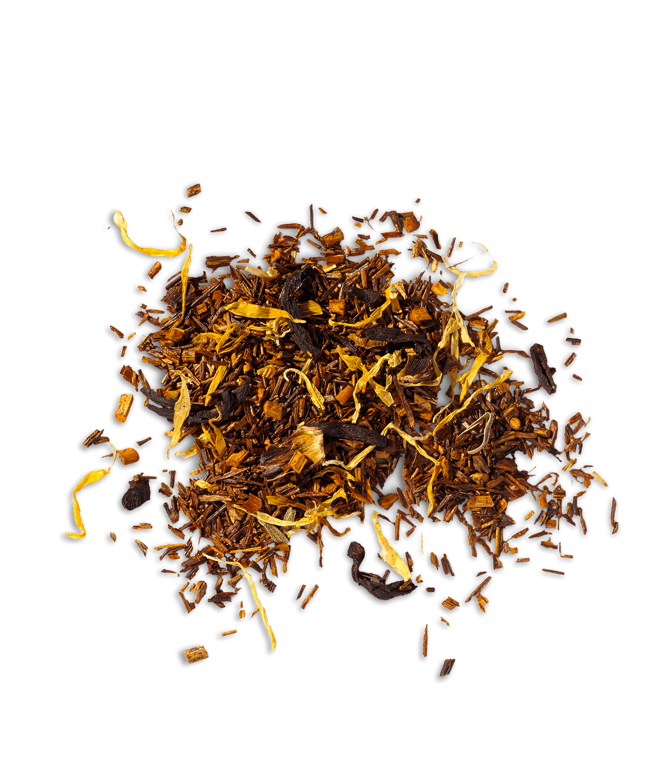 A pile of dry, caffeine-free organic rooibos tea leaves mixed with pieces of tropical fruit and blossoms.