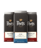 Three Peet's coffee bags with different flavors on a black background