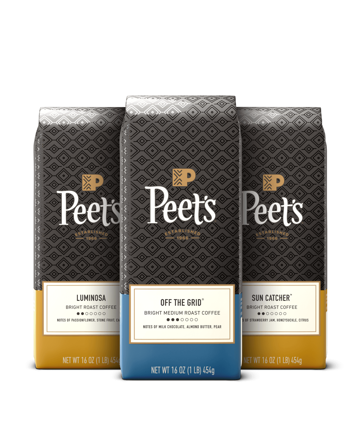Three Peet's coffee bags with different roast labels on a black background