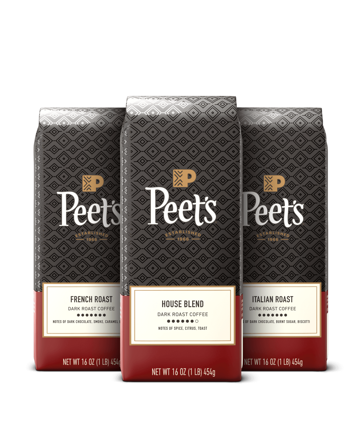 Three Peet's coffee bags with different roast types on a black background