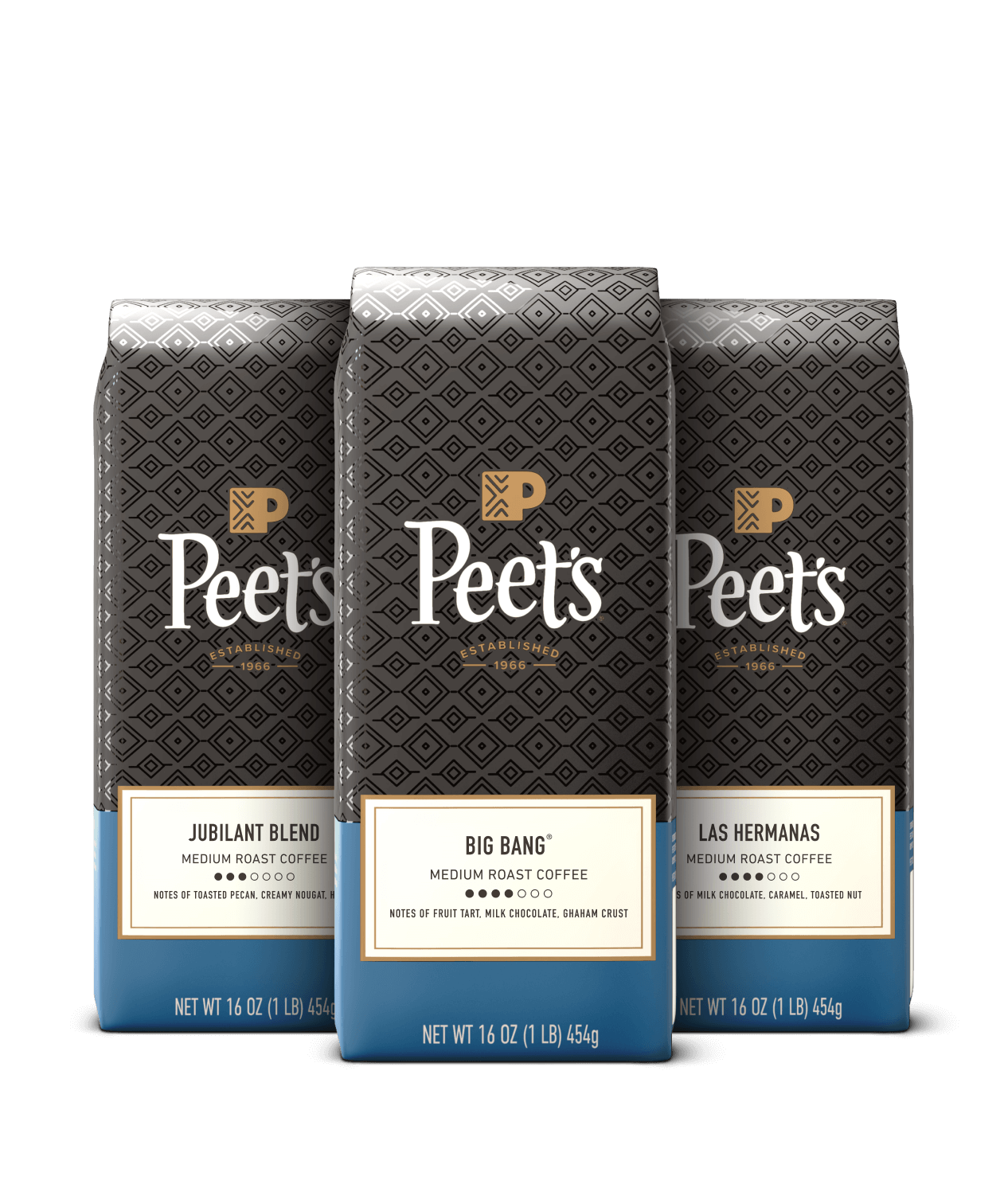 Three Peet's coffee bags with different blends on a black background