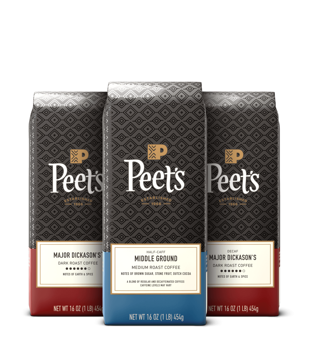 Three Peet's coffee bags with different roast levels on a black background