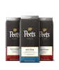 Three Peet's coffee bags with different roast levels on a black background