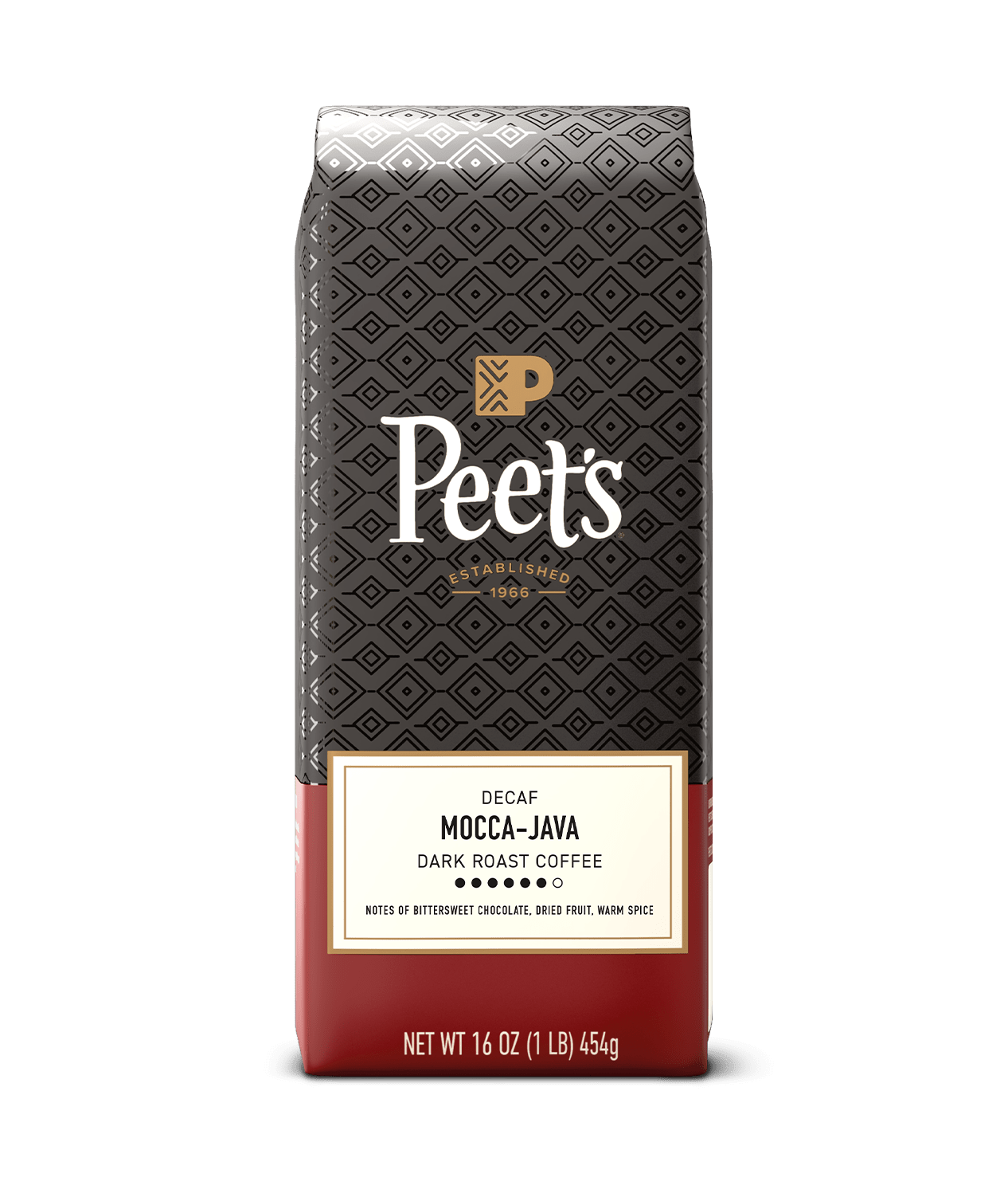 Peet's Decaf Mocca-Java coffee bag with a geometric pattern on a green background