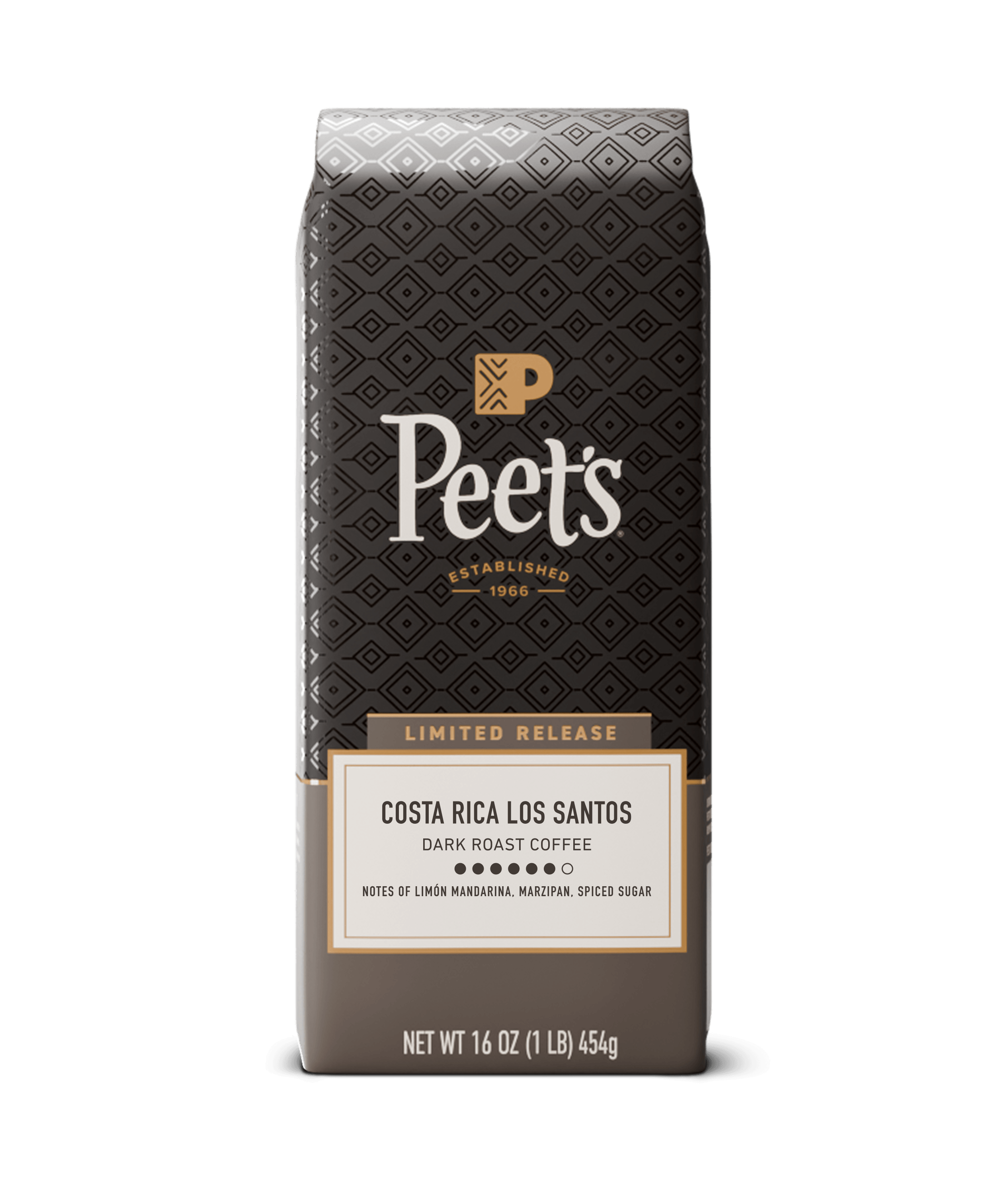 Peet's coffee bag with 'Costa Rica Los Santos' label on a white background