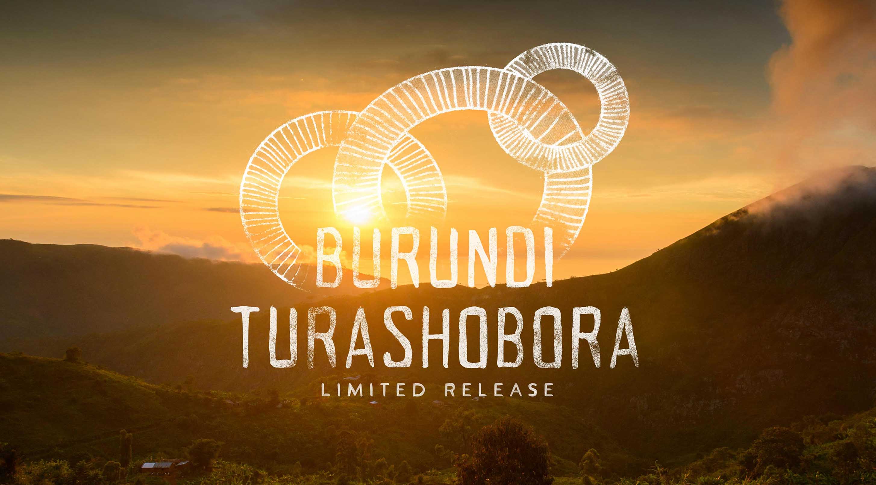 A scenic sunset landscape with mountains and a warm golden sky, overlaid with white circular graphic elements and the text 'BURUNDI TURASHOBORA LIMITED RELEASE'.