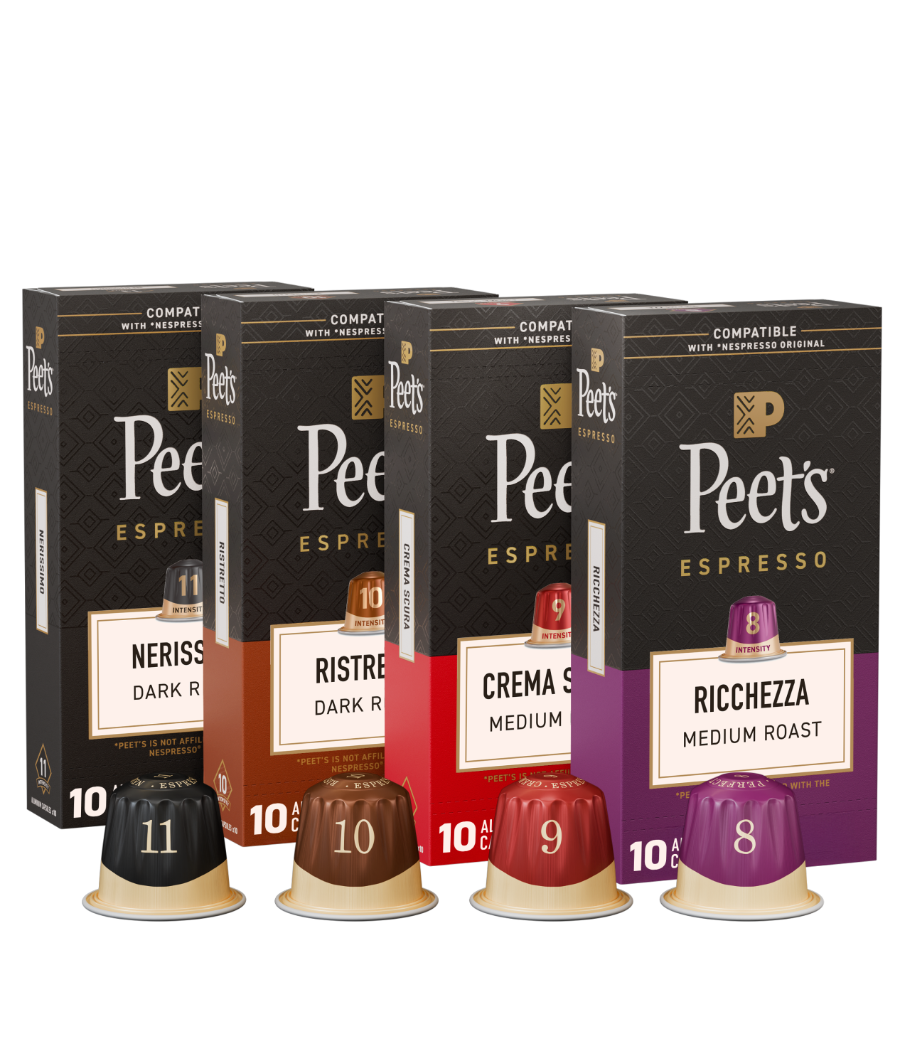 Four boxes of Peet's Espresso capsules with different roast levels on a black background