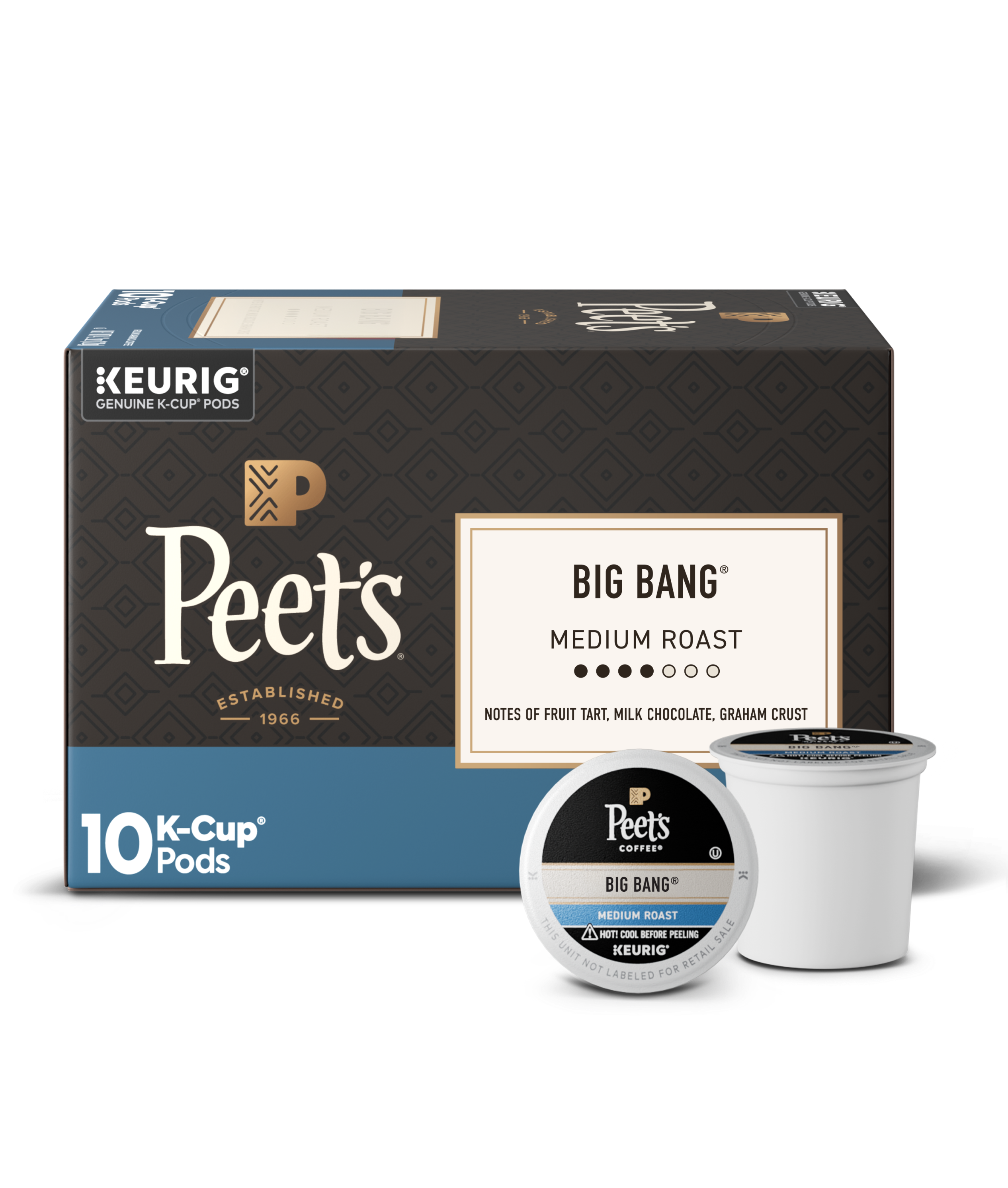 Peet's Big Bang K-Cup pods packaging with two pods on a white background