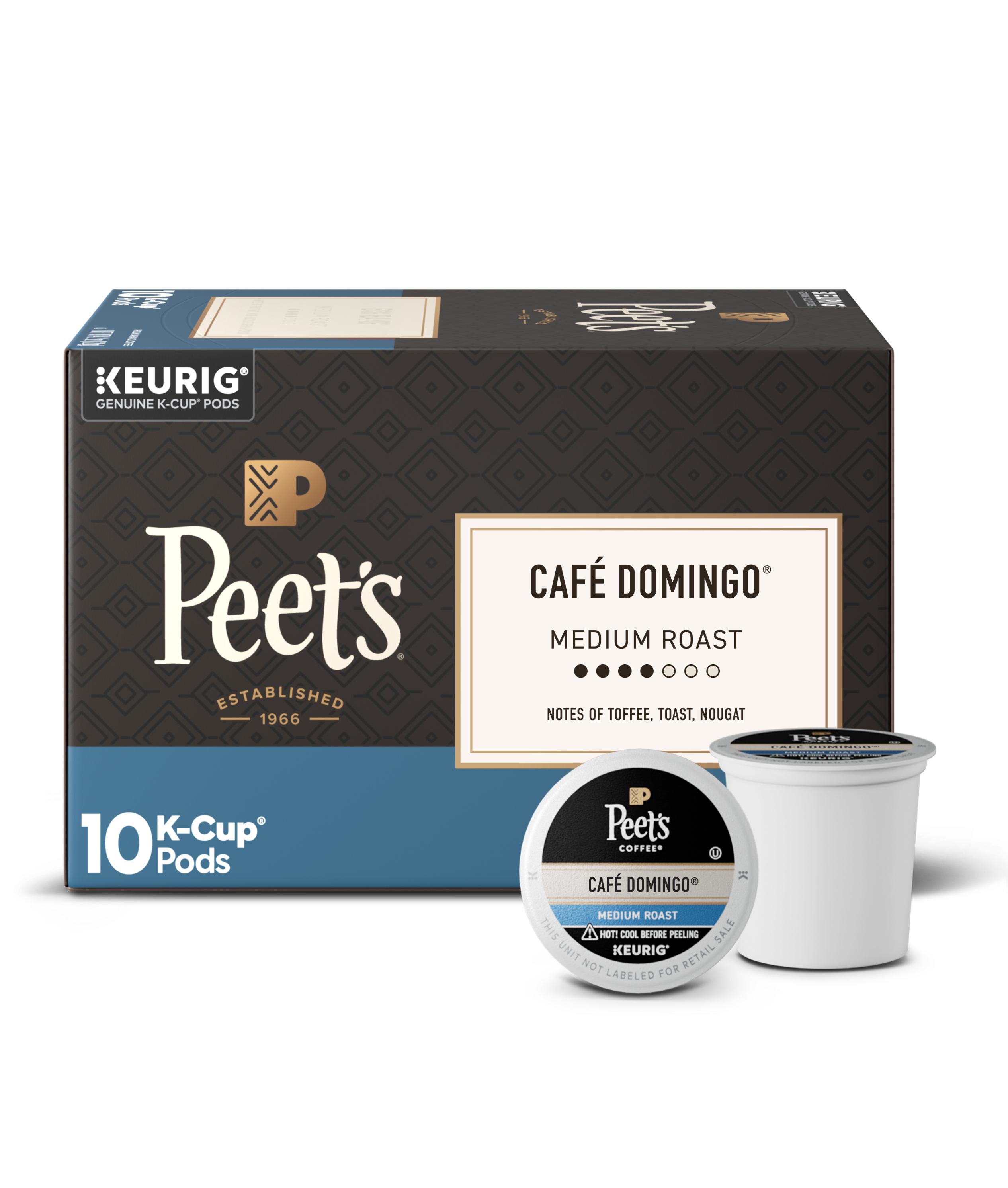 Box of Peet's Cafe Domingo K-Cup pods with two pods on a white background