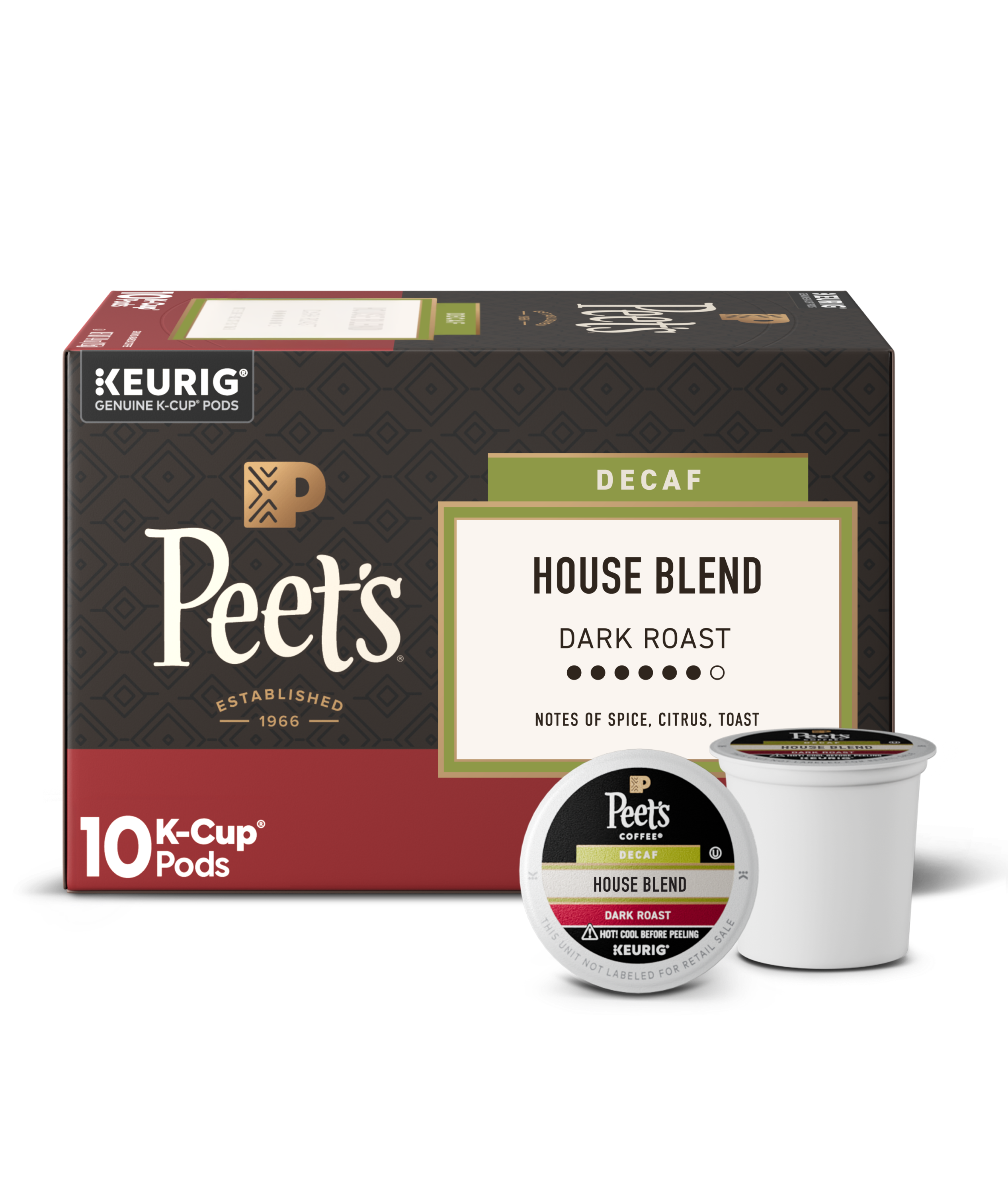 Box of Peet's K-Cup coffee pods with a single pod on a white background