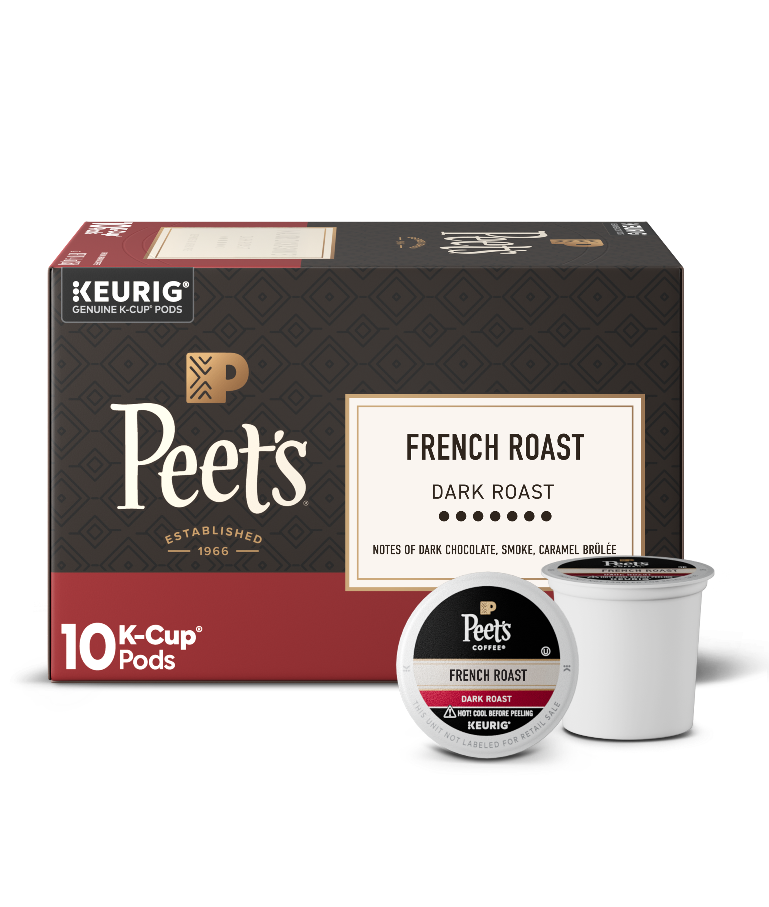Peet's Coffee French Roast K-Cup pods packaging with a single pod displayed.