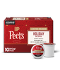 Box of Peet's Holiday Blend K-Cup pods with a single pod on a white background