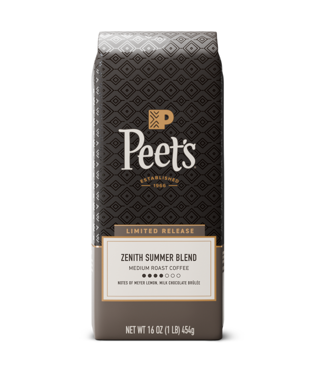 Peet's Coffee bag with 'Zenith Summer Blend' on a white background