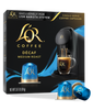 LöR Coffee Decaf packaging with coffee machine and cup on a white background